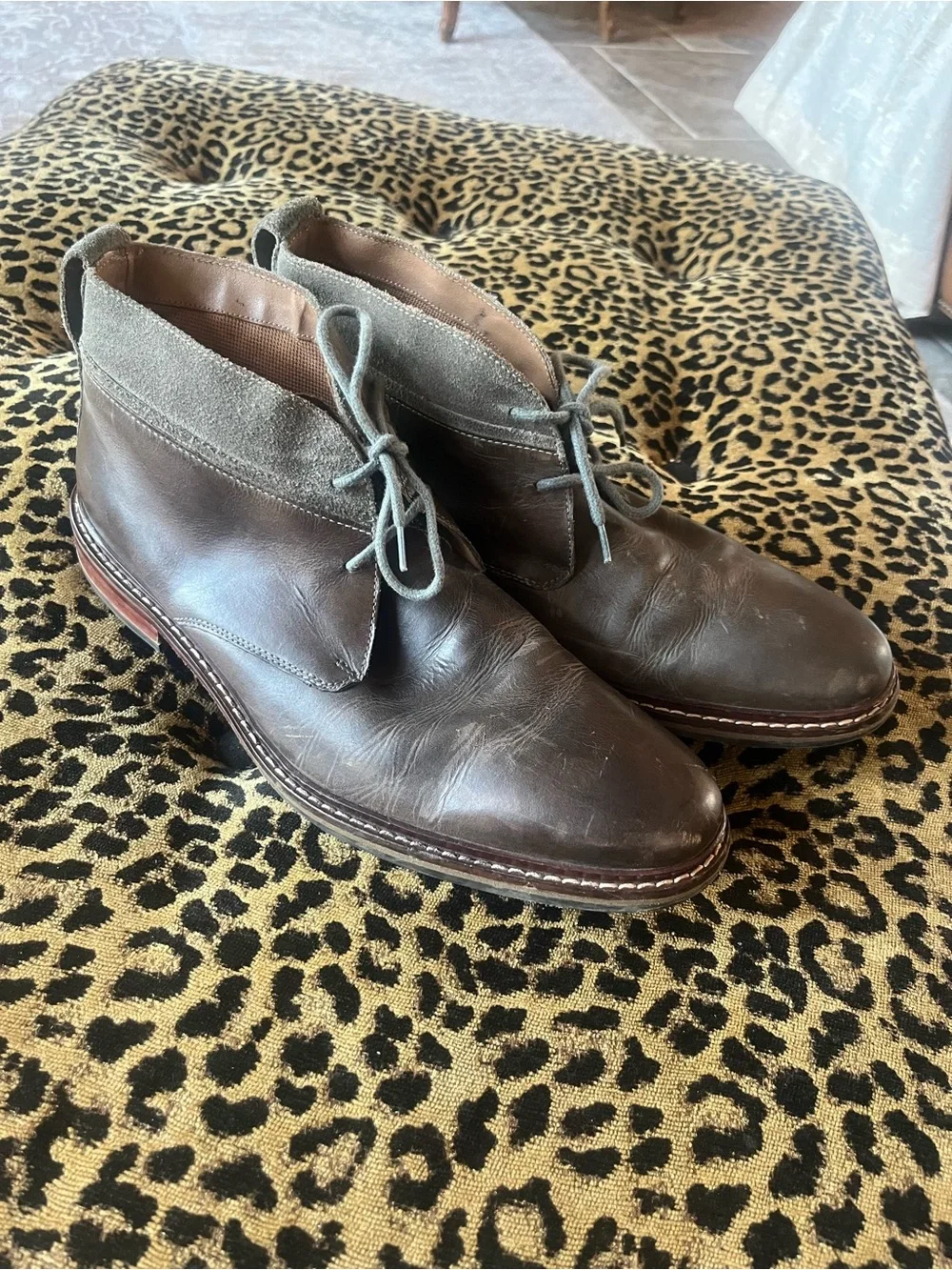 Cole Haan Leather Chukka Boots Mens Brown Olive Green Suede top Lace Up SZ 10.5